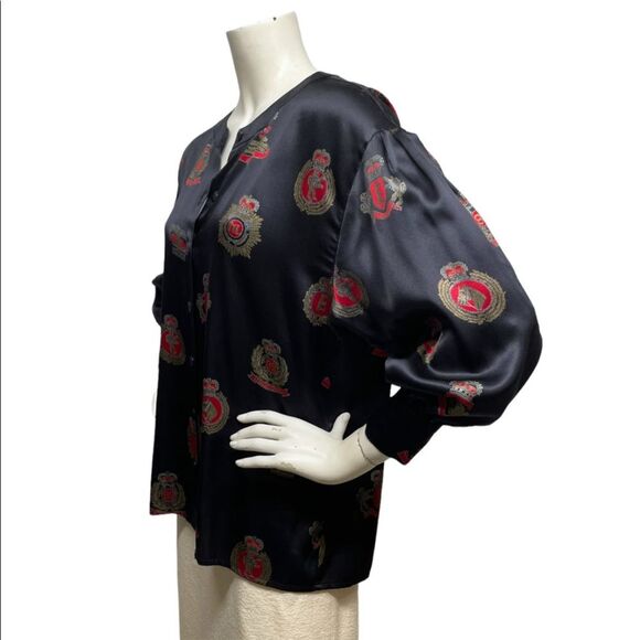 ESCADA Margaretha Ley Vintage 80s Button Up Silk Blouse Medals Crest 40 10 OVRSZ - Picture 9 of 14